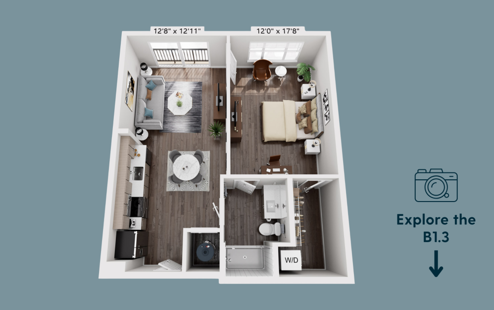 1B.3 - 1 bedroom floorplan layout with 1 bathroom and 757 square feet